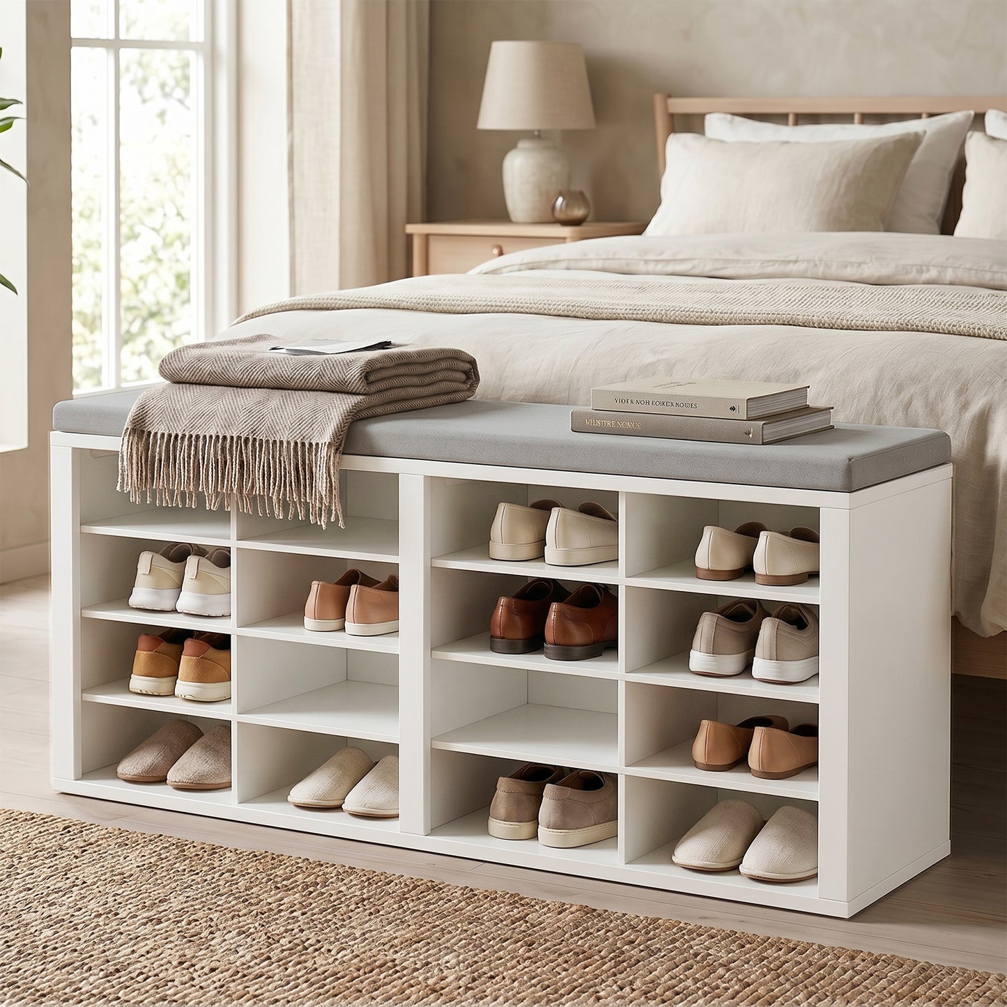 Shoe Storage Bench With Cushion 16 Cubby Shoe Rack Multifunctional Shoe Organizer Bench For Entryway Hallway Living Room Bedroom