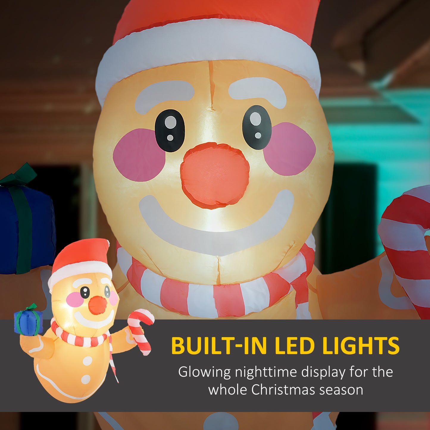 3.4' Inflatable Hanging Gingerbread Man Holding Gift Box & Candy Cane W/ LED Lights, Blow-Up Outdoor Display For Party