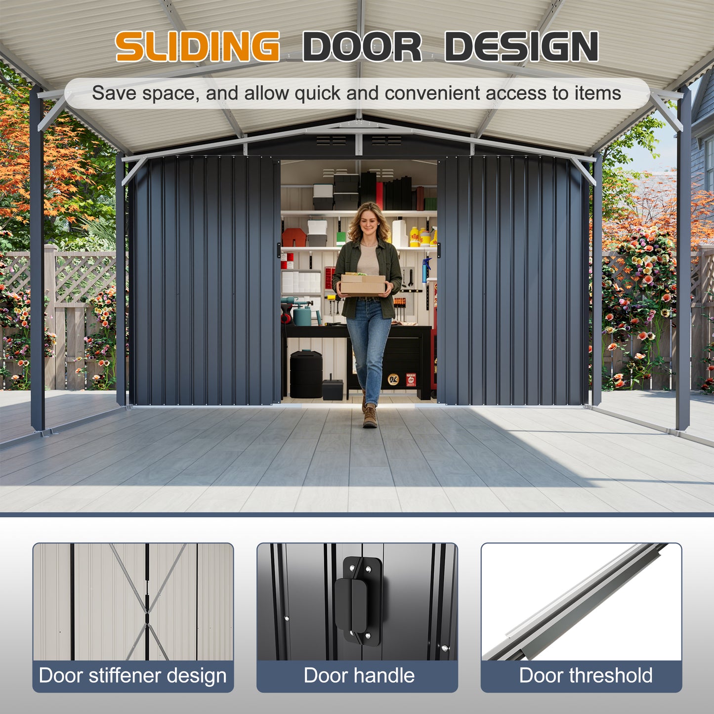 12'x23' Metal Carport Storage Shed, Heavy Duty Steel Garage With Sliding Door, UV Panel & Waterproof Sloped Roof, Reinforced Structure For Car Boat Tractor Farm - Grey