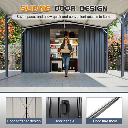12'x23' Metal Carport Storage Shed, Heavy Duty Steel Garage With Sliding Door, UV Panel & Waterproof Sloped Roof, Reinforced Structure For Car Boat Tractor Farm - Grey