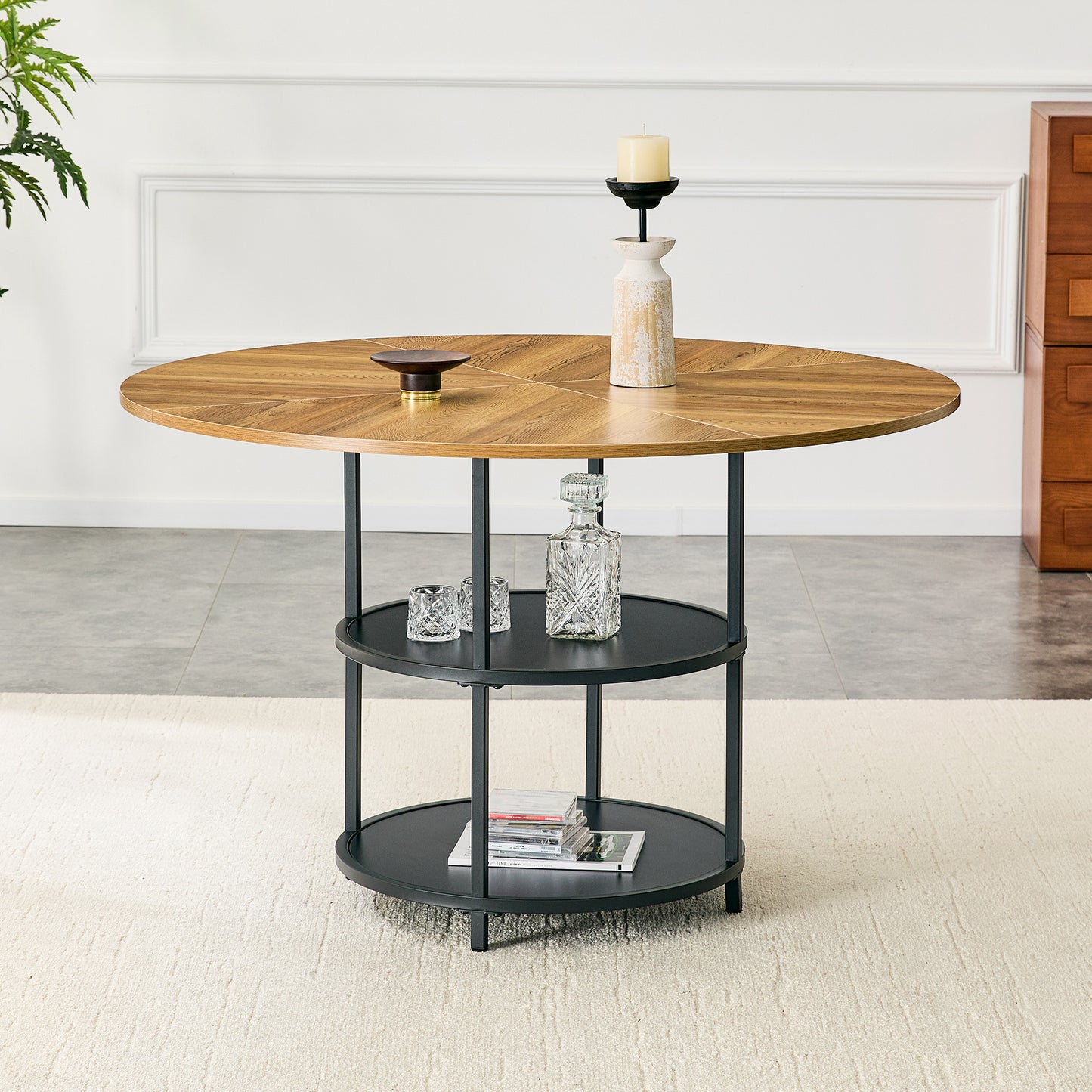 47.3-inch Diameter Modern Splicing Circular Dining Table - Double-layer Storage, Wood And Black Fan-shaped Diagonal Color Matching Design, Interpreting Home Aesthetics And Practicality.