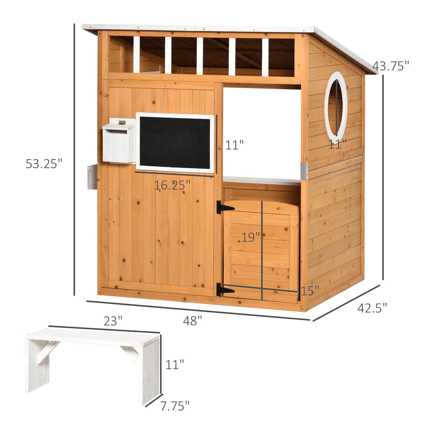 Wooden Playhouse For Kids Outdoor With Working Door, Windows, Mailbox, Bench, Flowers Pot Holder, 48" X 42.5" X 53"