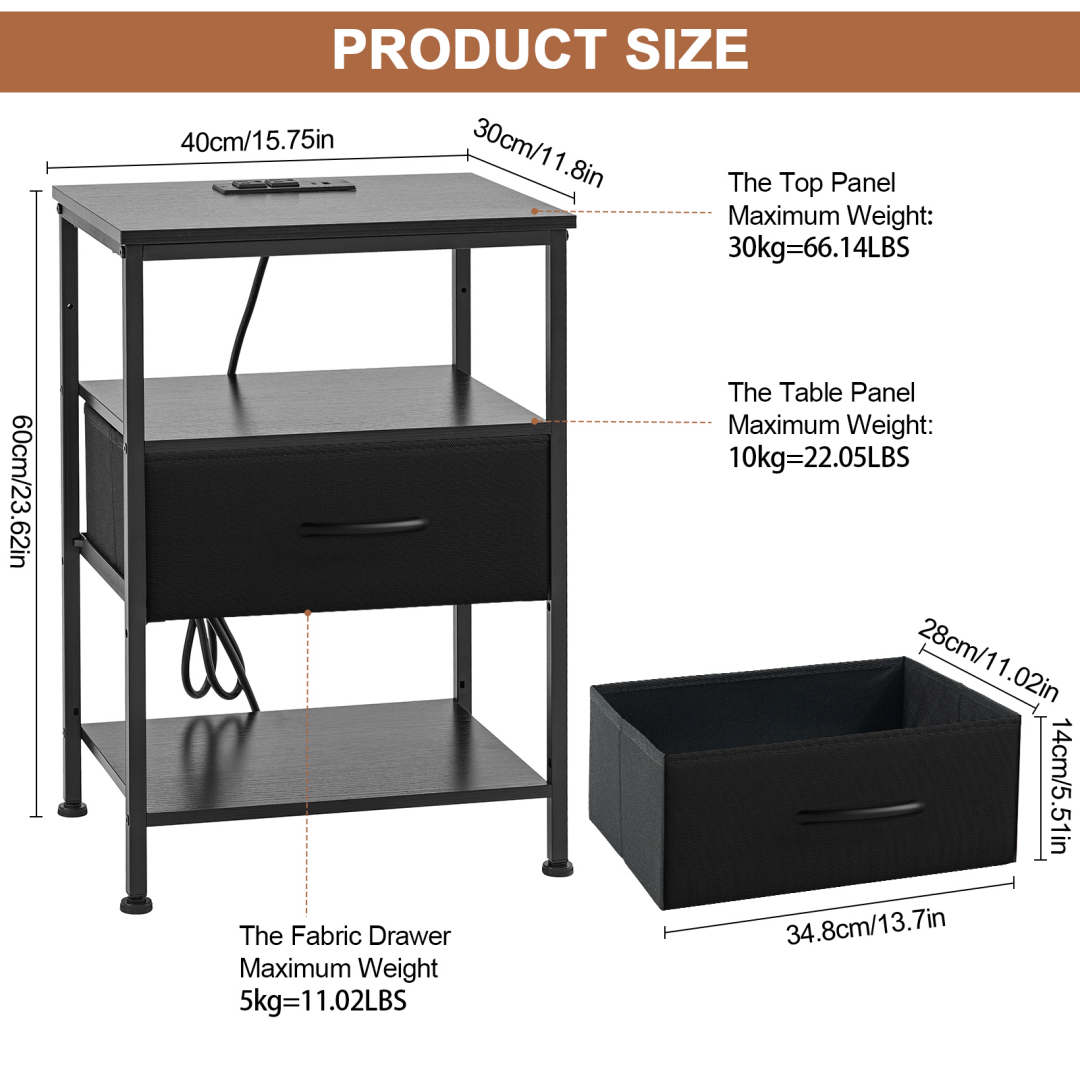 Bedside Table, With Built-in USB- C-type Port Sockets And Adjustable Drawers, 3-layer Storage Rack, And Fabric Drawers