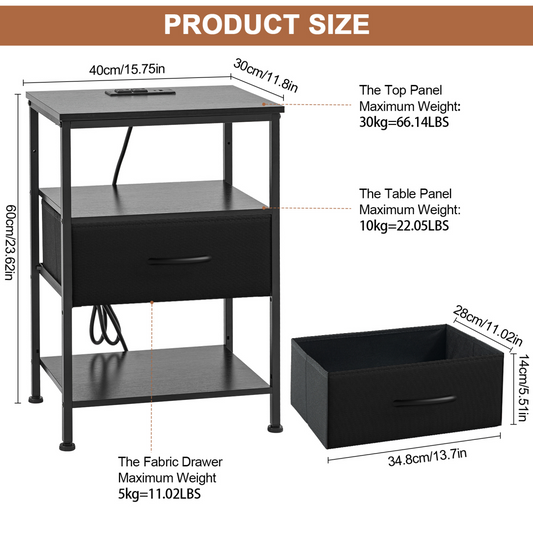 Bedside Table, With Built-in USB- C-type Port Sockets And Adjustable Drawers, 3-layer Storage Rack, And Fabric Drawers