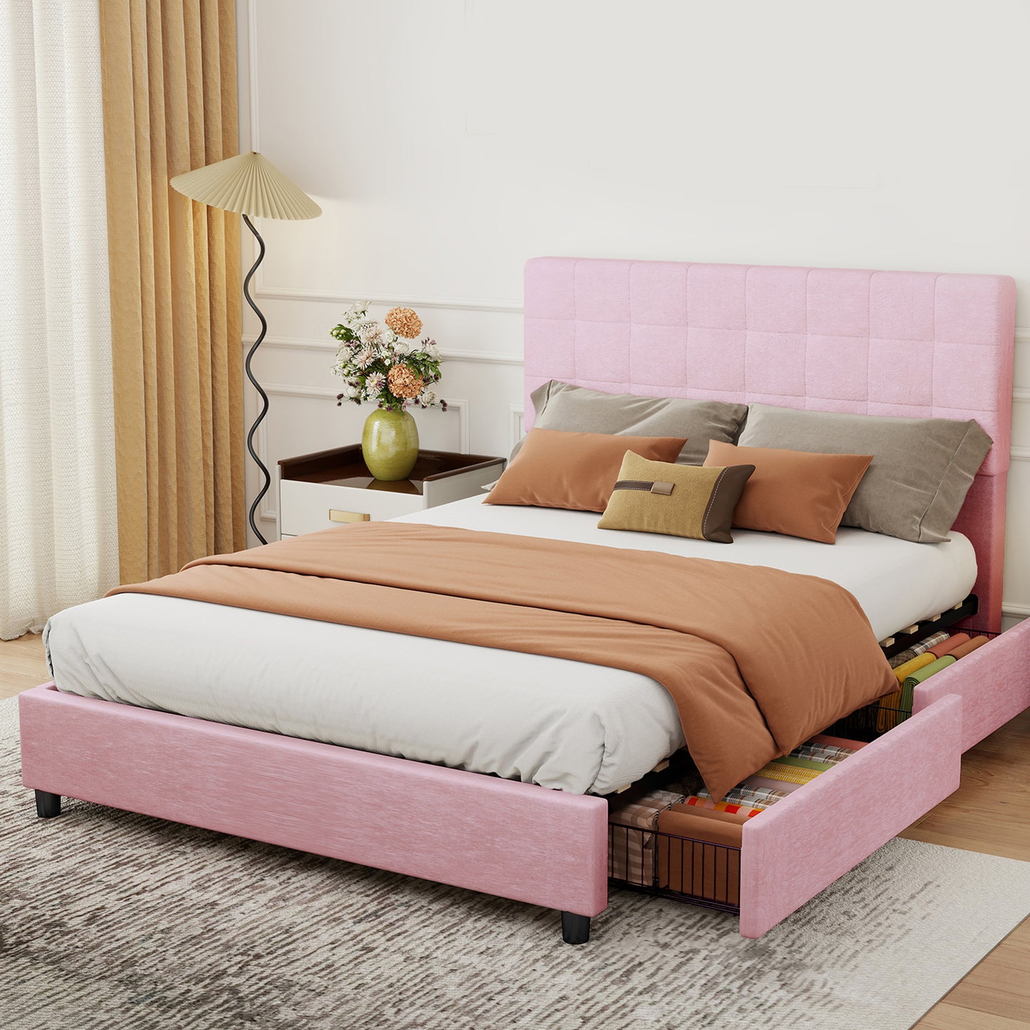 Queen Bed Frame Upholstered Vertical Channel Headboard Bed Frame With 4 Storage Drawers Wood Slats No Box Spring Needed Easy Assembly For Bedroom