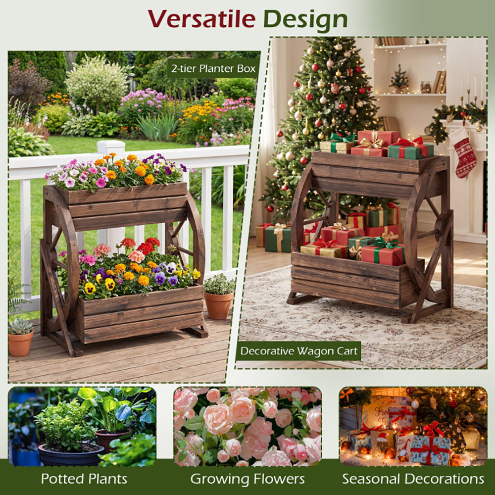 2-tier Raised Garden Bed Rustic Wood Wagon Planter With Drainage Holes And Semi-wheels For Growing Flowers Or Displaying Potted