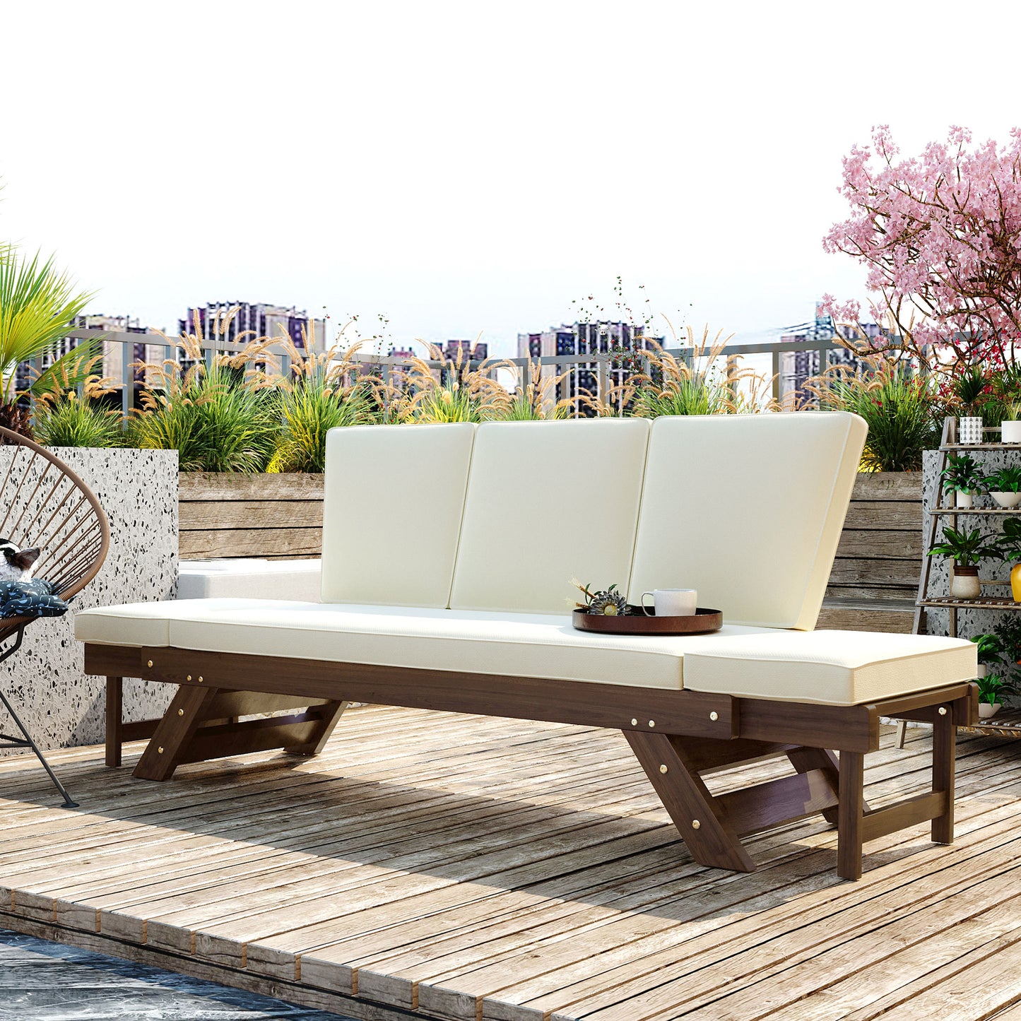TOPMAx Outdoor Adjustable Patio Wooden Daybed Sofa Chaise Lounge With Cushions For Small Places  Brown Finish Beige Cushion