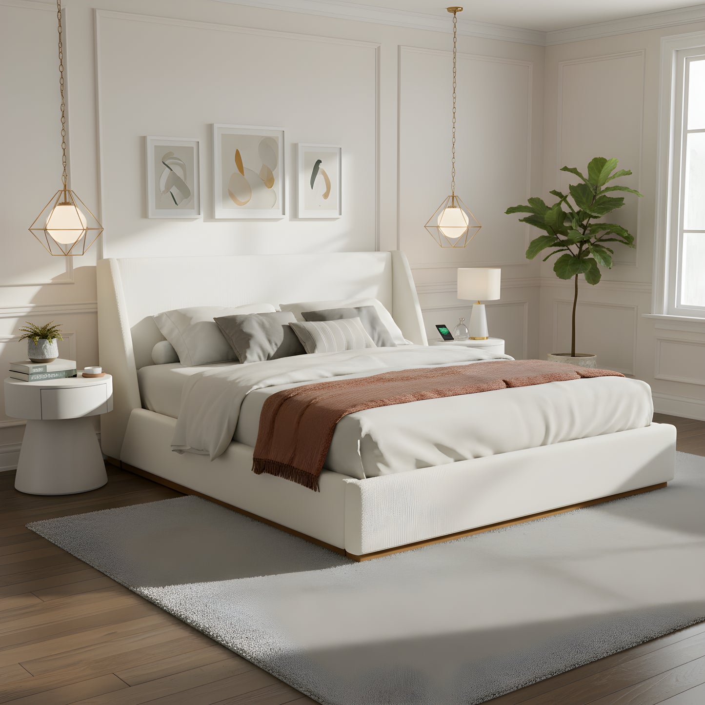 Luxury Upholstered Bed With Wings, White, Queen