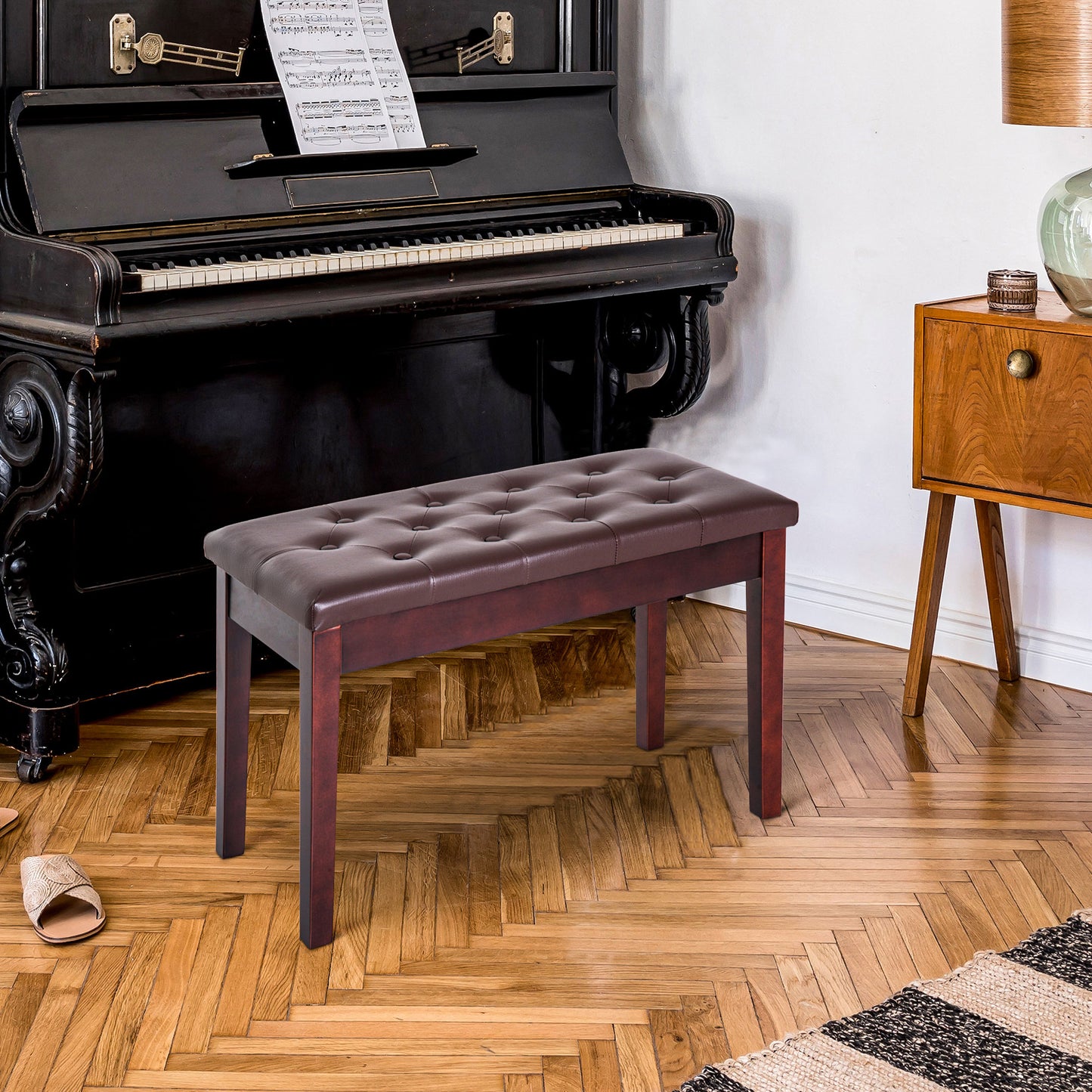 Piano Bench, Duet Piano Chair With Faux Leather Padded Cushion And Wooden Frame, Button Tufted Keyboard Bench, Brown