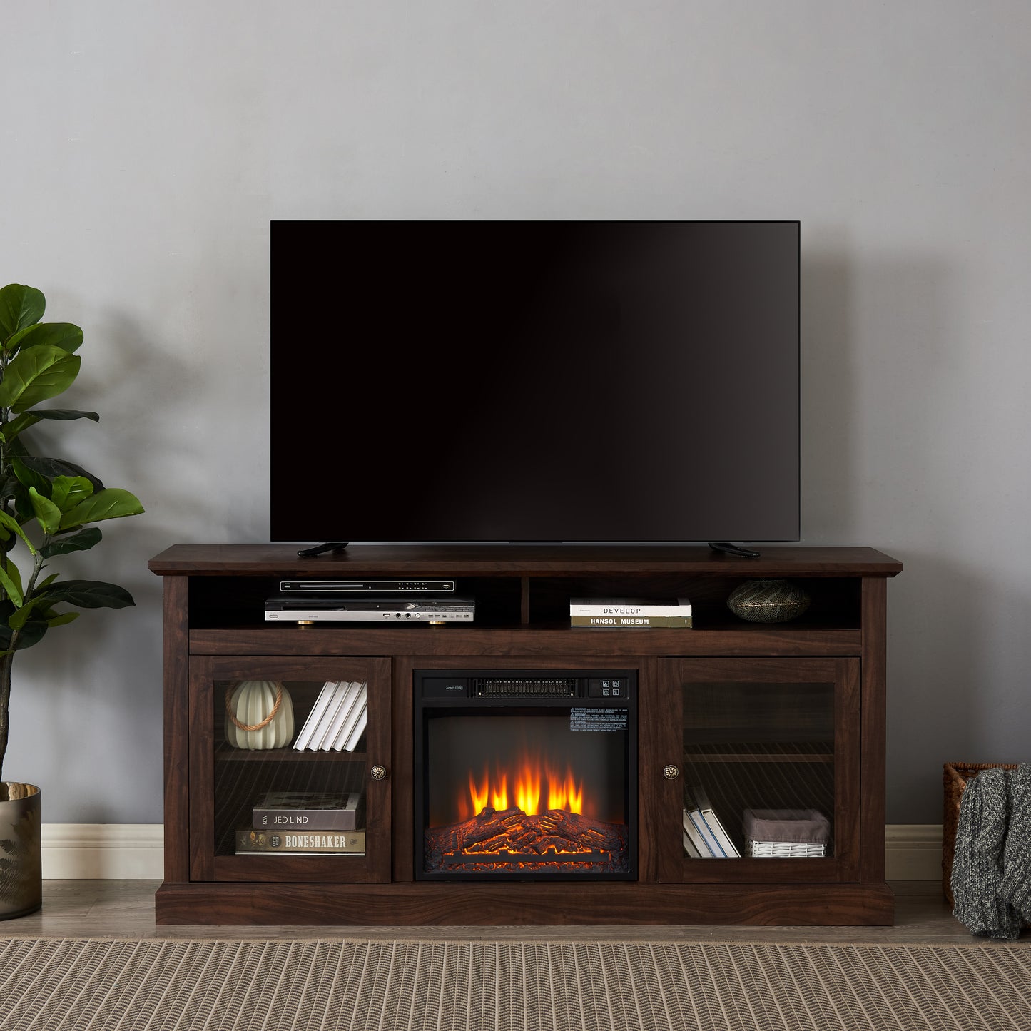 Contemporary TV Media Stand Modern Entertainment Console With 18  Fireplace Insert For TV Up To 65  With Open And Closed Storage Space, Brown, 60 Wx15.75 Dx29 H