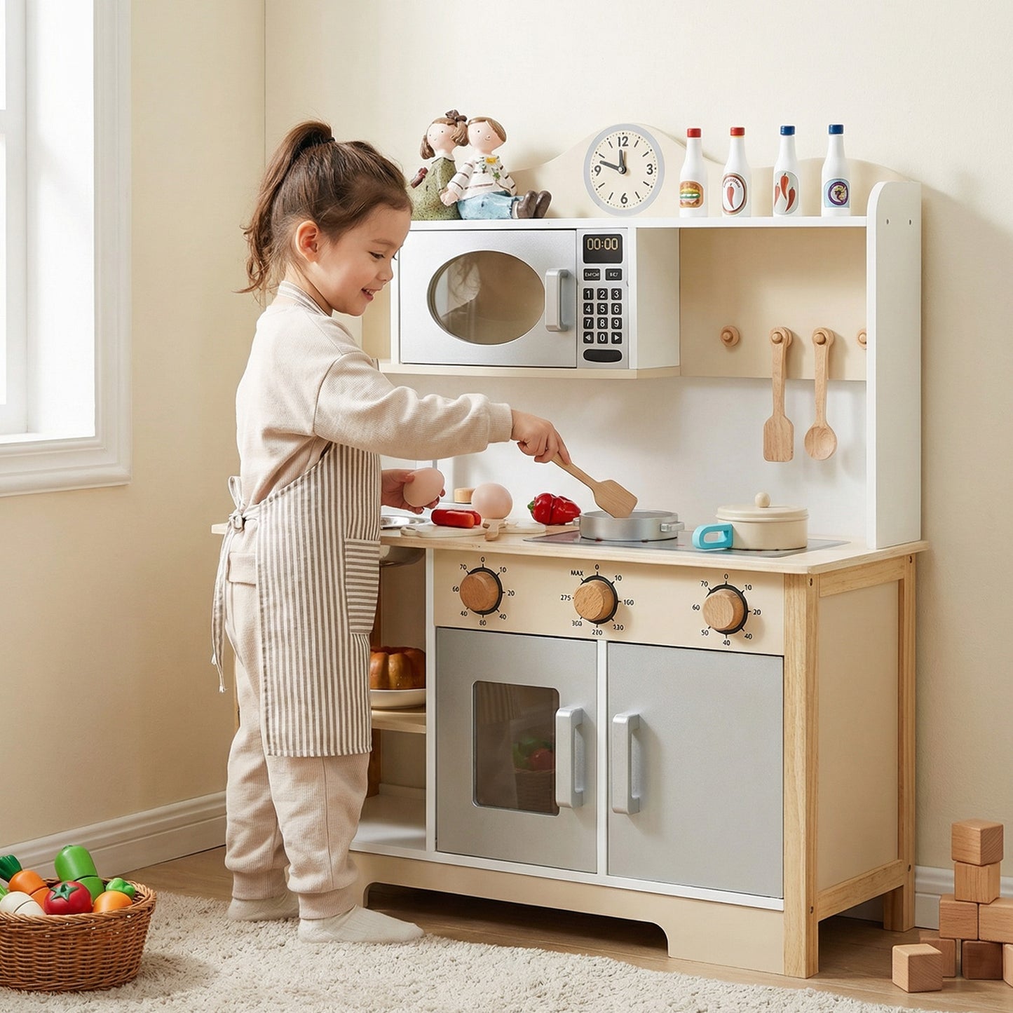 Wooden Play Kitchen Set Realistic Toddler Kitchen Playset With Oven Dishwashing Sink For Children Above 3 Years Old