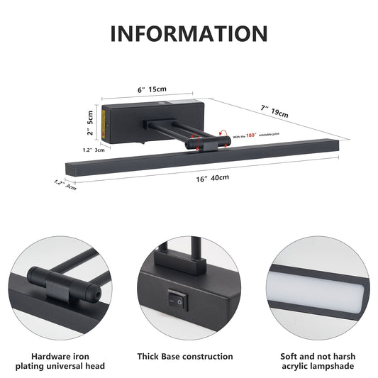 Picture Light Battery Operated With Remote, LED Black Art Lights For Paintings Rechargeable Dimmable And Timer, 16in Wall Sconce For Art Painting Gallery Adjustable Swing Arm For Display