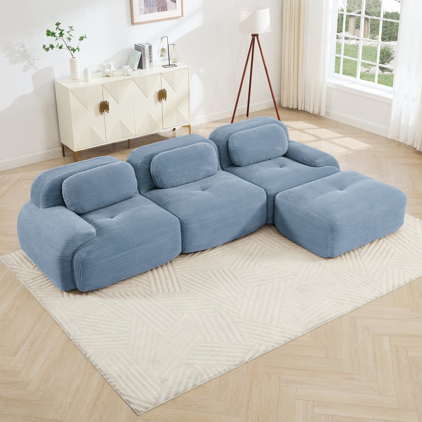 L-shaped Modular Sofa No Assembly Ergonomic Design Pet-friendly LuxuryCorduroy Fabric Fabric Extra-wide Curved Armrests 32D High-resilience Sponge For Living Rooms Bedroom,Blue