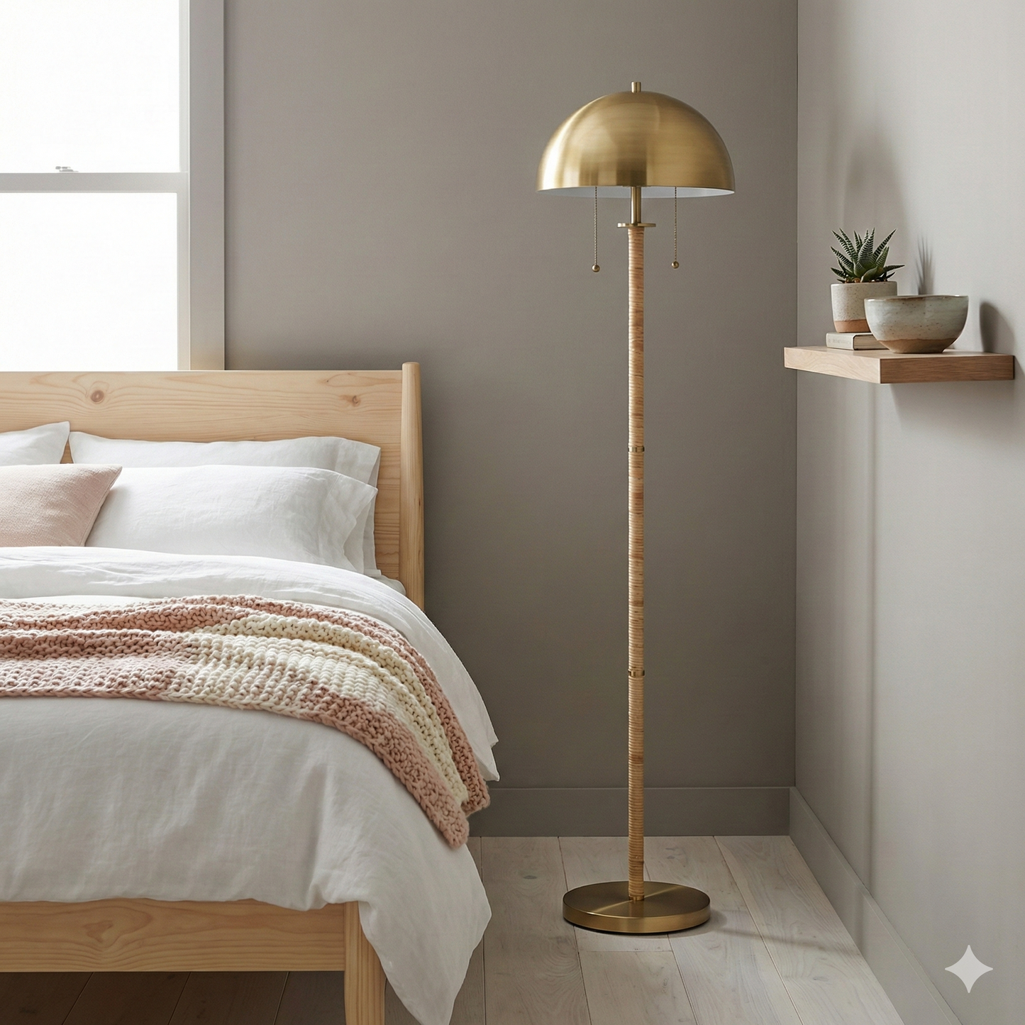 Allure 2-Light Floor Lamp, Gold Brass, Natural Rattan Details , Double On Off Pull Chain