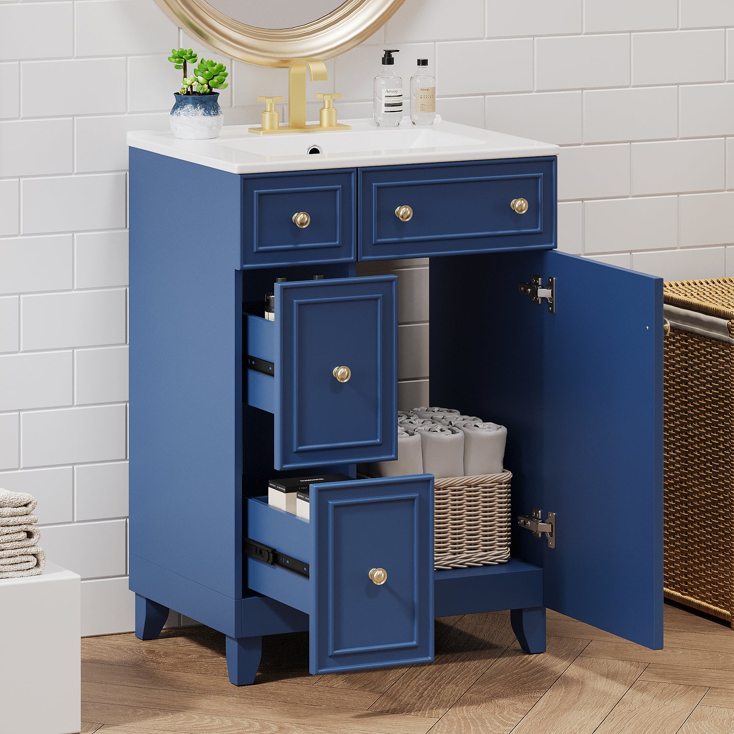 24-Inch Bathroom Vanity Cabinet With Ceramic Sink, 2 Drawers, 1 Door