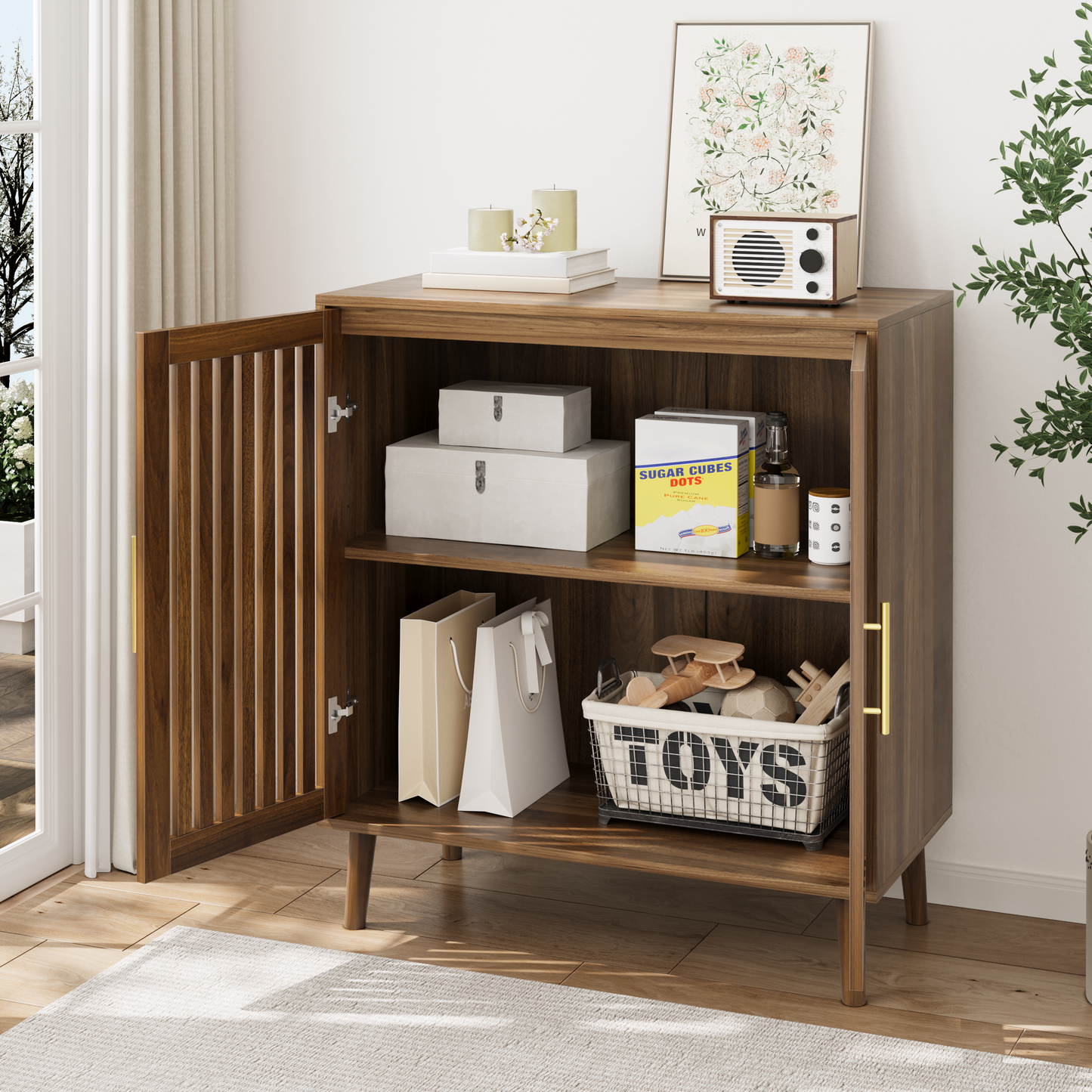 Sideboard Buffet Cabinet With Storage,  Farmhouse Buffet Cabinet With Louvered Doors, Wood Coffee Bar Storage Cabinet For Kitchen, Dining Room, Living Room, Entryway, Walnut,31.5 W
