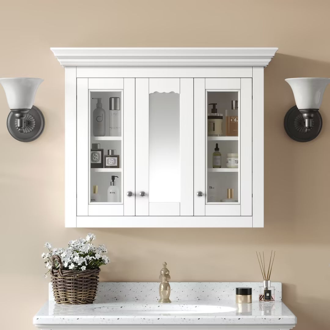 35   Bathroom Medicine Cabinet With Mirror, 5 Closed & Adjustable Shelves, Bathroom Wall Mounted Storage Cabinet With Glass Doors