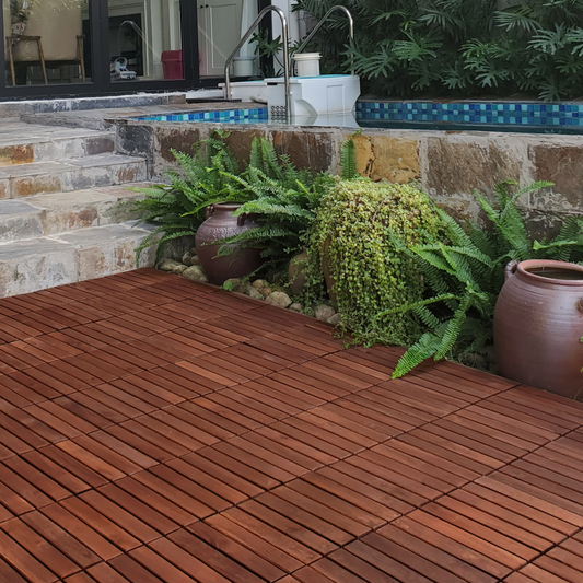 Acacia Wood Interlocking Deck Tiles Striped Pattern, 20 PCS 12inch X 12inch Square Acacia Hardwood Outdoor Flooring For Patio, Bancony, Pool Side