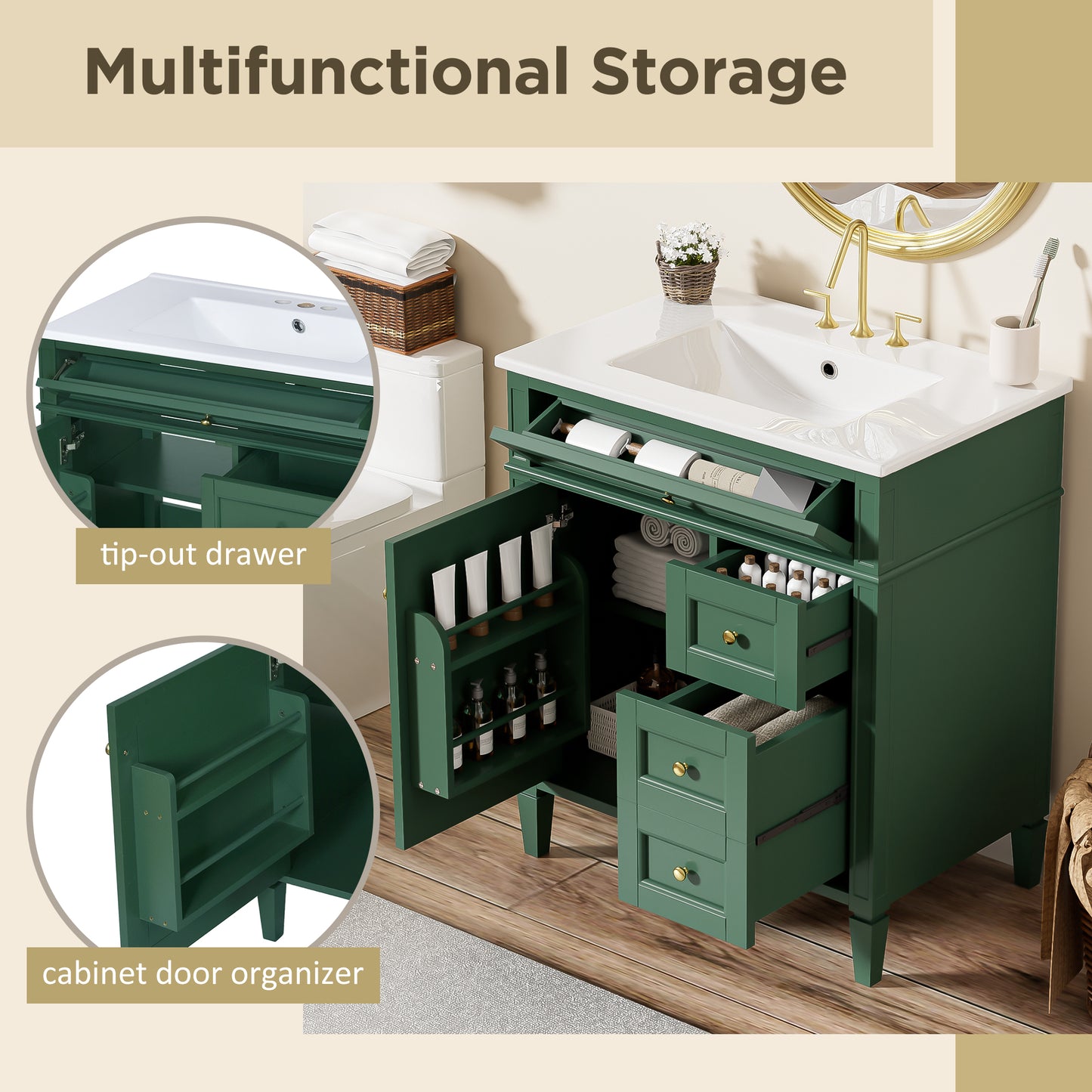 30'' Bathroom Vanity With Top Sink, Modern Bathroom Storage Cabinet With 2 Drawers And A Tip-out Drawer, Single Sink Bathroom Vanity