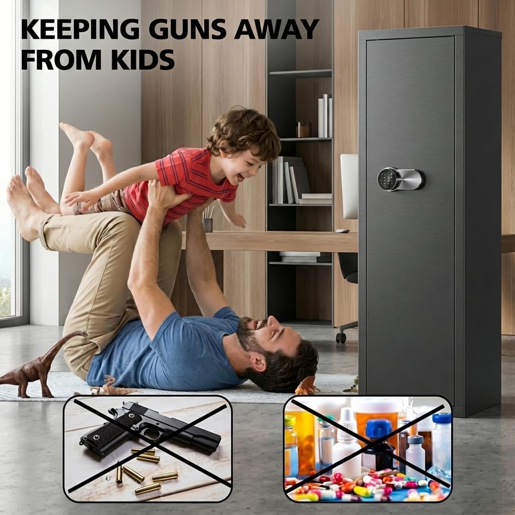 12-15 Gun Safe For Rifles And Pistols, Large Gun Cabinet With Digital Keypad Lock, Anti-Pry Steel Security Safe, Adjustable Shelves & Pistol Holster For Home Defense & Hunting Storage
