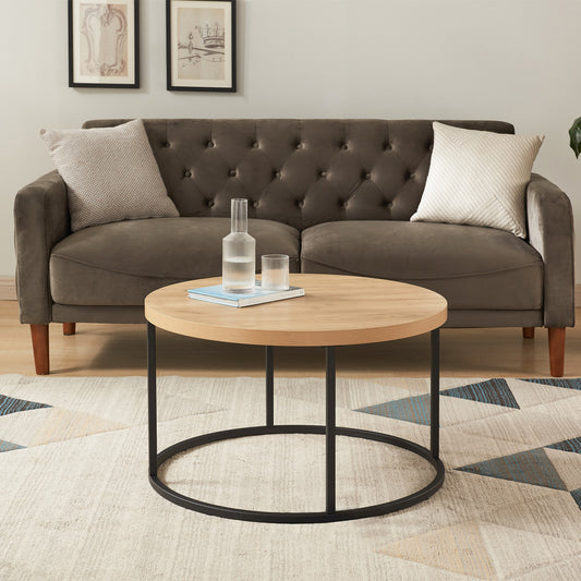 31.5  Round Coffee Table For Living Room, Modern Industrial Wood Circle Center Table With Sturdy Metal Legs, Thick Scratch-Resistant Top, Natural Oak Finish