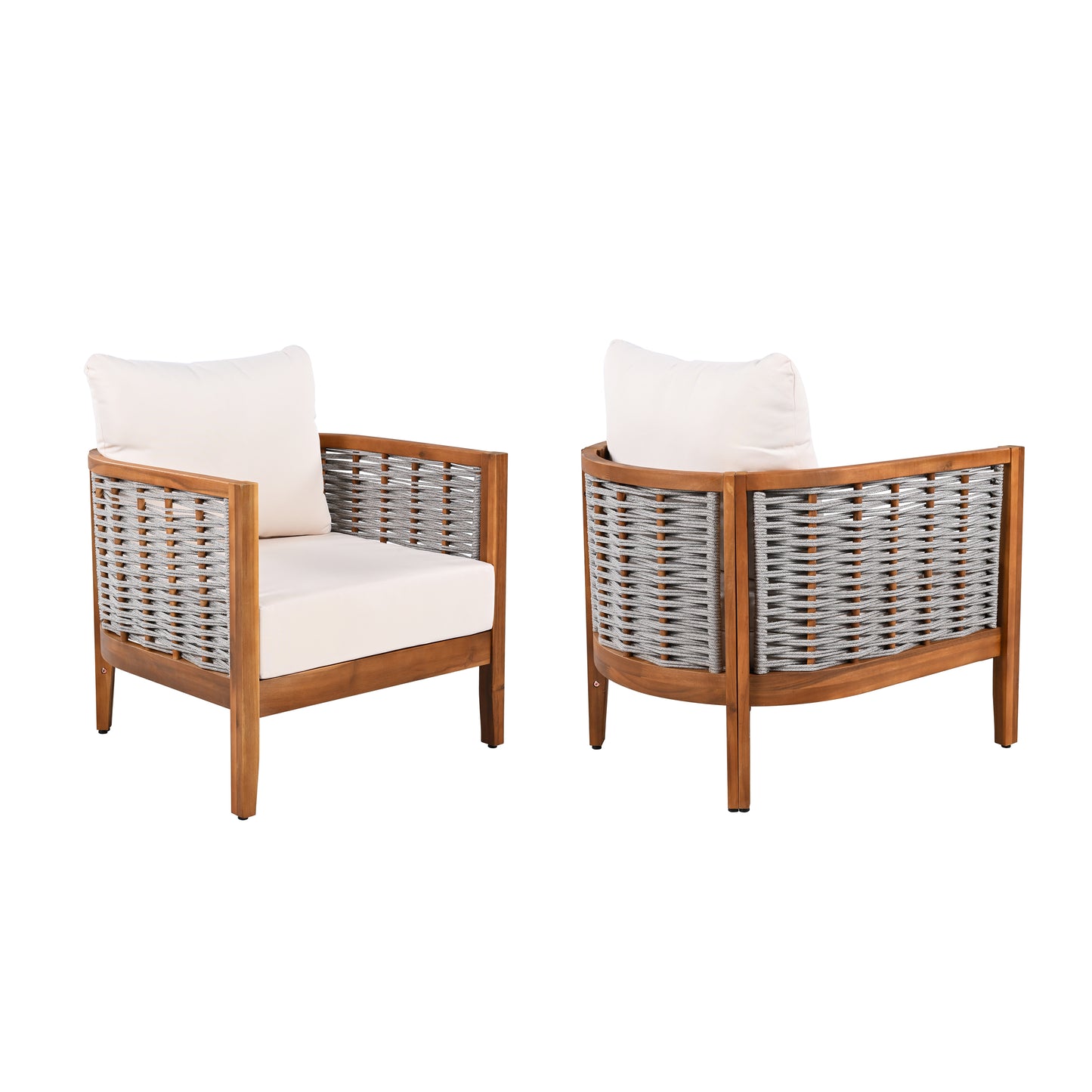 2 Pieces Outdoor Unique Tub Design Armchair With Woven Rope, Patio Furniture Acacia Wood Chair, Deep Seating With Soft Cushions For Porch, Garden, Backyard, Balcony, Teak Finish & Beige Cushion