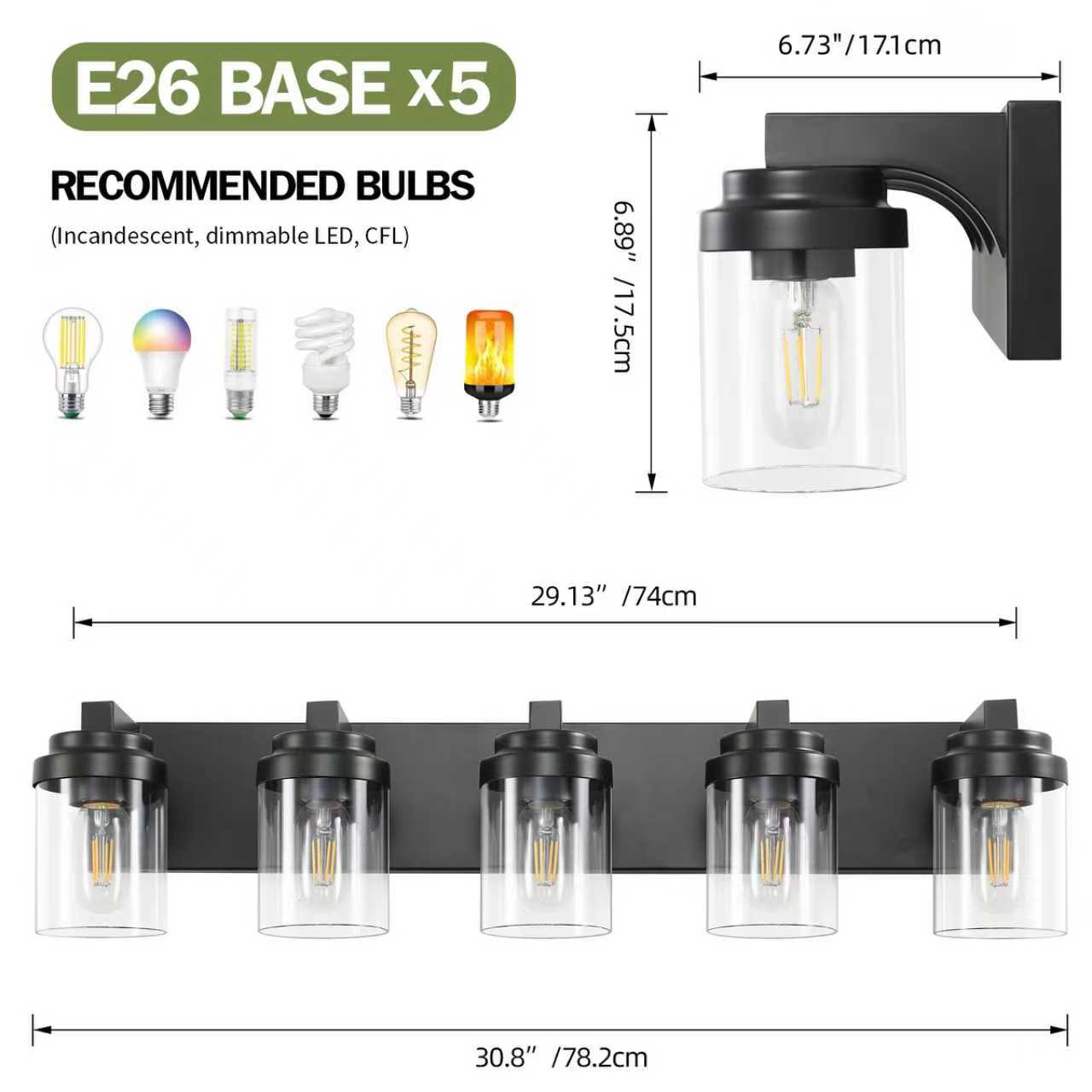 5-Light Bathroom Vanity Light Bathroom Light Fixtures Over Mirror, 31 Black Vanity Lights With Glass Shade, Modern Wall Sconce For Cabinet Porch Bedroom, Hallway Bulbs Not Included