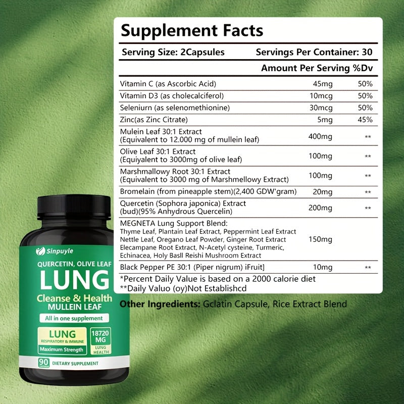 Lung Cleanse Respiratory Support Supplement Mullein Leaf Quercetin 90 Capsules