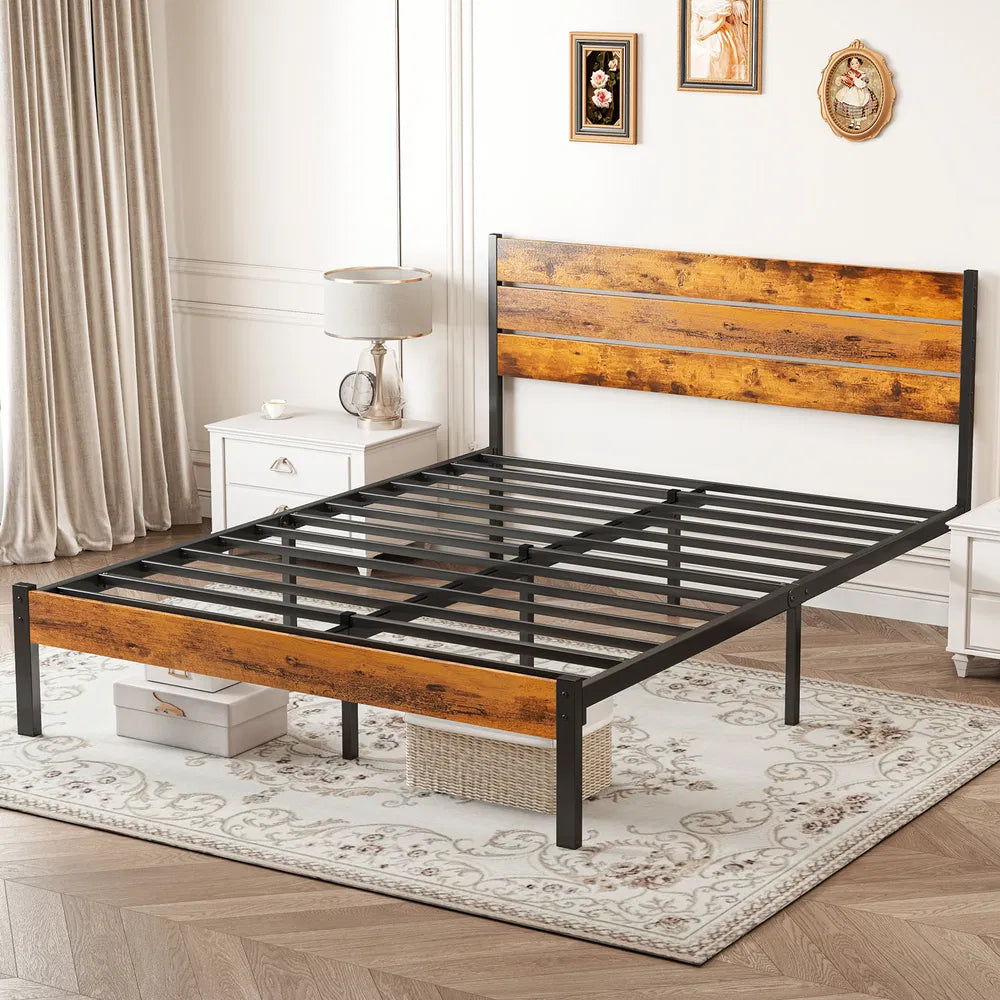 Metal Platform Bed Frame - Mattress Foundation With Headboard And And Footboard, No Box Spring Needed With 800LBS Sturdy Wooden Slats Support