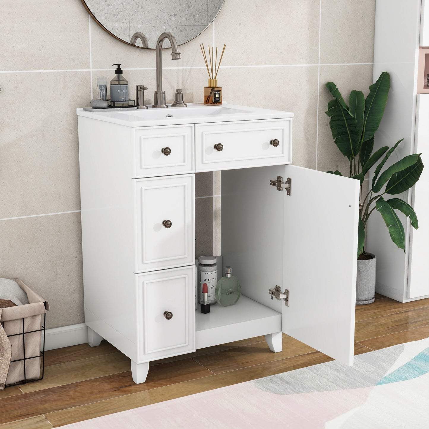24-Inch Bathroom Vanity Cabinet With Ceramic Sink, 2 Drawers, 1 Door