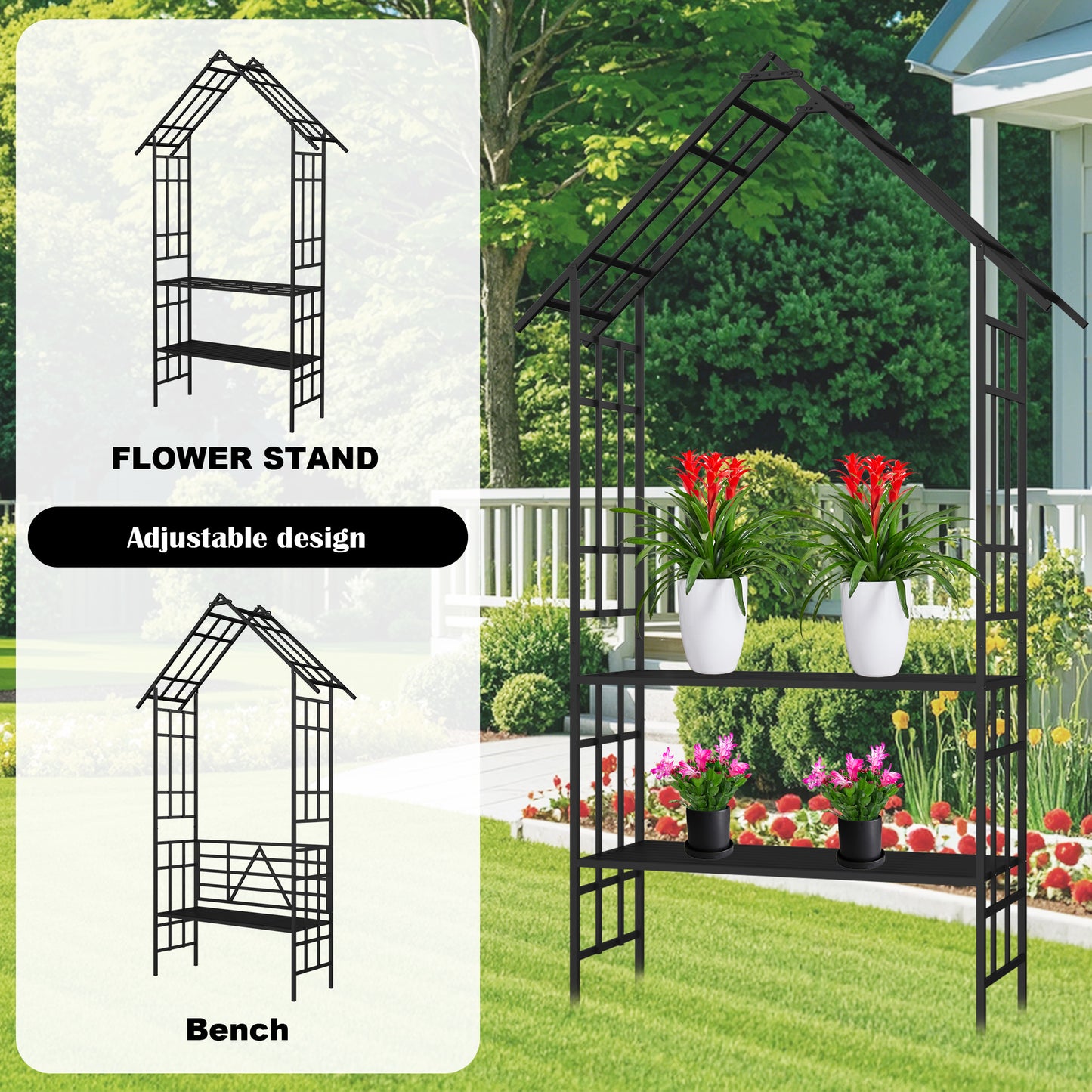 Metal Garden Arch With Bench Turned Into Flower Stand W58.07xH97.24 Climbing Plants Support Rose Arch Outdoor Black