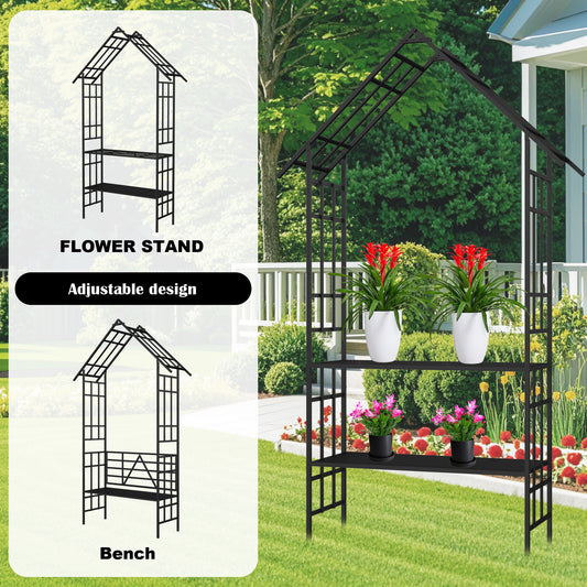 Metal Garden Arch With Bench Turned Into Flower Stand W58.07xH97.24 Climbing Plants Support Rose Arch Outdoor Black
