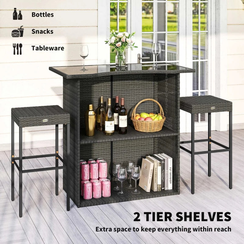 Outsunny 5 Piece Rattan Wicker Bar Set, High Top Outdoor Table And Chairs, Bar Height Patio Set, 2 Shelves & 4 Bar Stools, Gray
