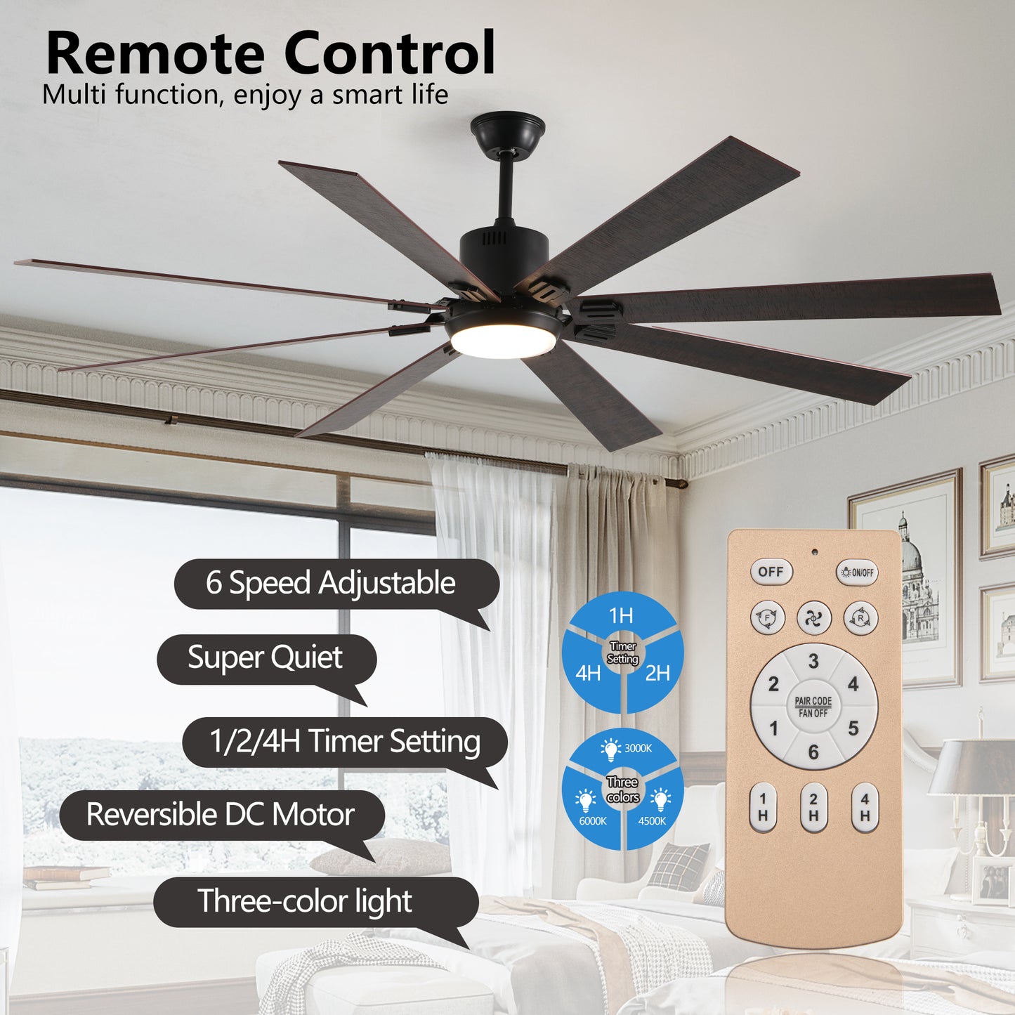 72in Walnut LED Ceiling Fan Light With 8 Wooden Blades, Remote Control, Adjustable Color Temperature For Living Room, Bedroom, Or Dining Room,Silent,6-Speed,Reversible,DC Motor