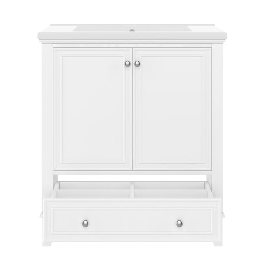 30 Bathroom Vanity With Sink Combo, Multi-functional Bathroom Cabinet With Doors And Drawer, Solid Frame And MDF Board, White