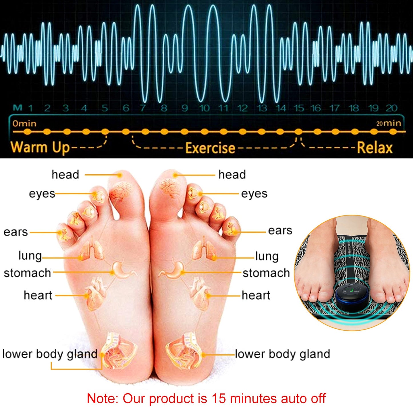 EMS Foot Massage Pad Electric Stimulator Massager Unit Rechargeable Leg Reshaping Muscle Pain Relax Massage Mat W-6 Modes 9 Intensity Levels