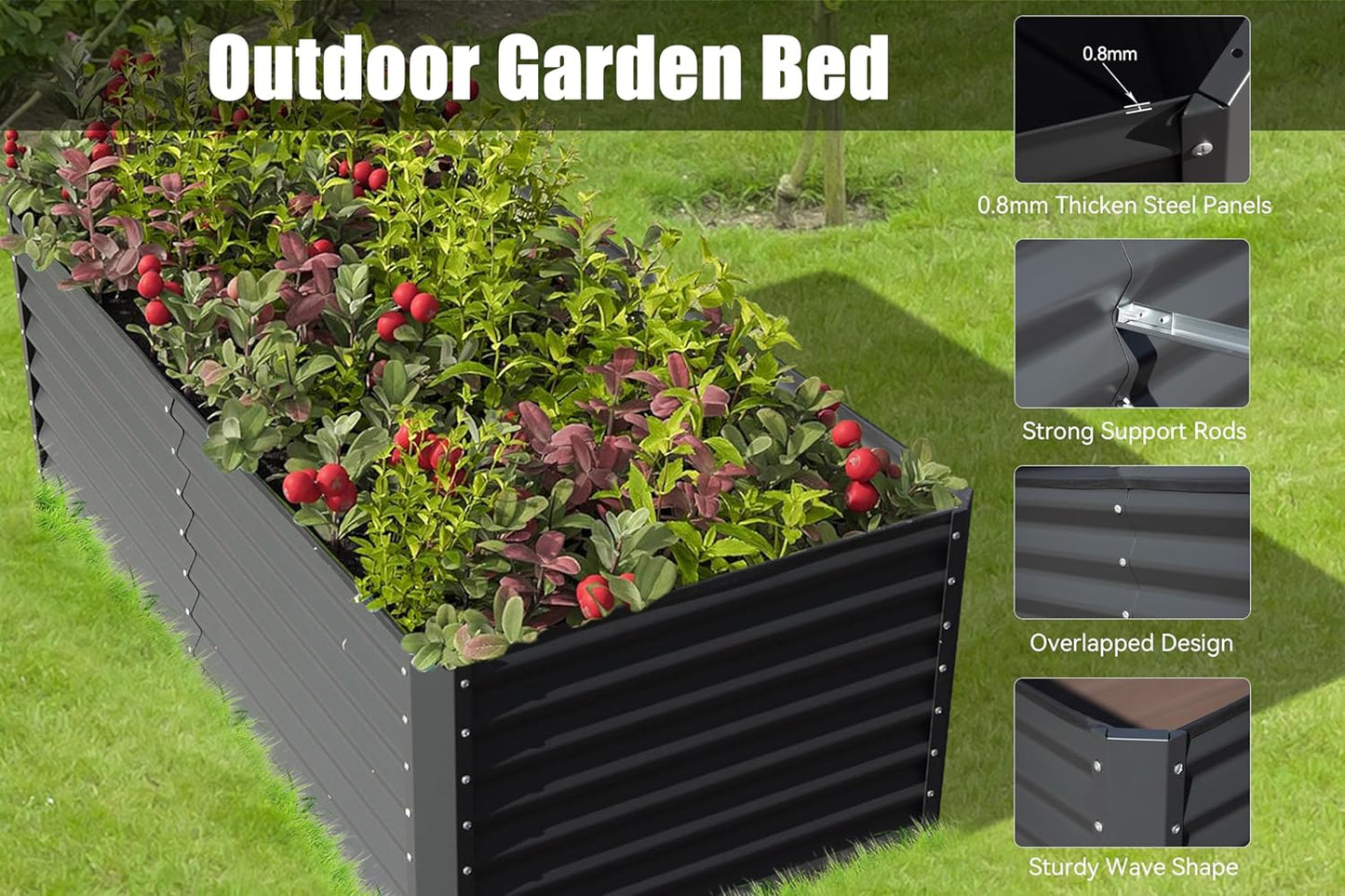 6x3x2ft Galvanized Raised Garden Bed, Outdoor Planter Garden Boxes Large Metal Planter Box For Gardening Vegetables Fruits Flowers, Dark Gray