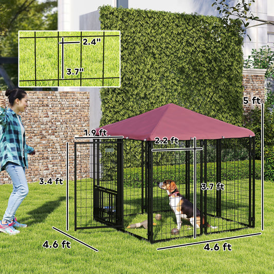 Welded Wire Outdoor Dog Kennel With 360° Rotating & 4 Levels Adjustable Bowls, Waterproof Cover, 4.6' X 4.6' X 5'