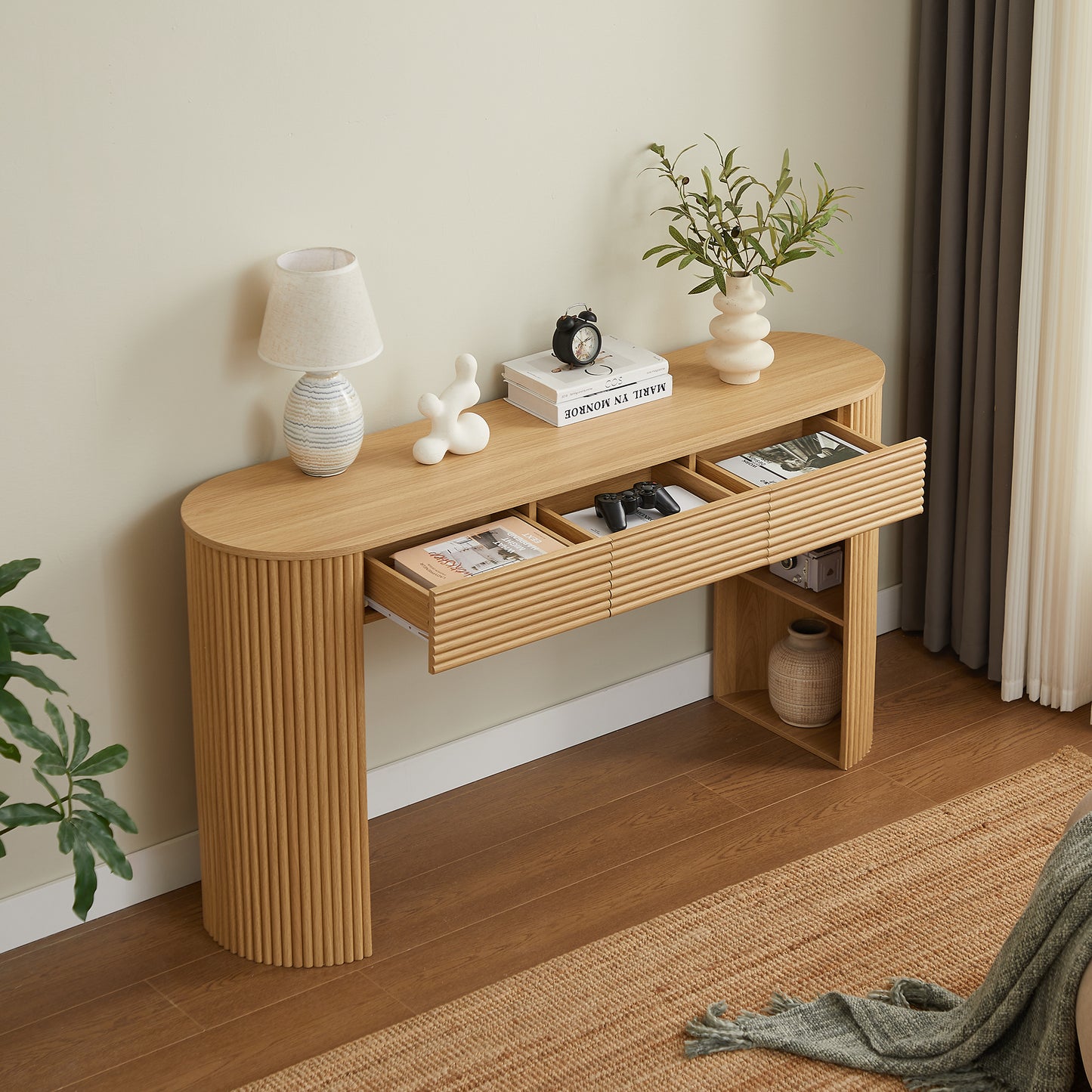 Retro Console Table With Storage, 3 Drawers, 1 Table-Leg Niche,  Round Slat Aesthetic, Entryway, Living Room & Hallway, Nature