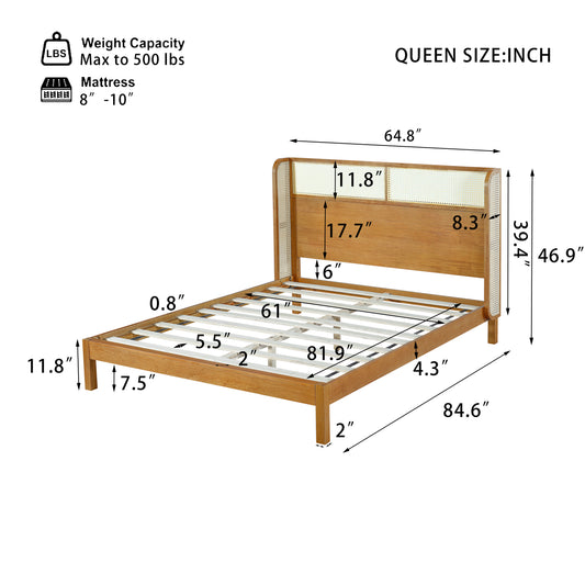 Premium Rubber Wood Platform Bed Frame, Queen Bed Frame With Headboard Included, Mid Century Modern Bed With Natural Color