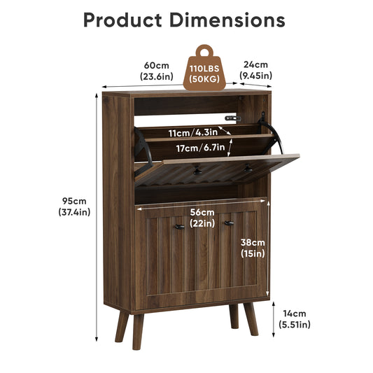 Medieval-style Modern Shoe Cabinet, Upright Shoe Storage Unit With Vertical Grooved Finish, 23.6-inch Walnut-colored Shoe Cabinet, Suitable For Hallways, Passageways And Entrances.