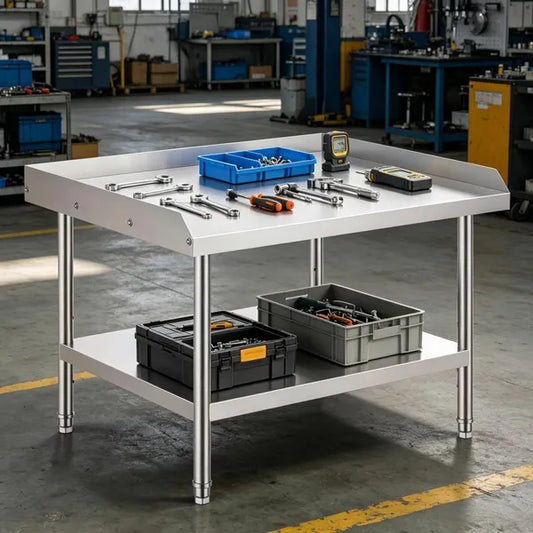 Sleek Metal Work Table With Easy To Clean And Adjustable Shelves For Kitchen