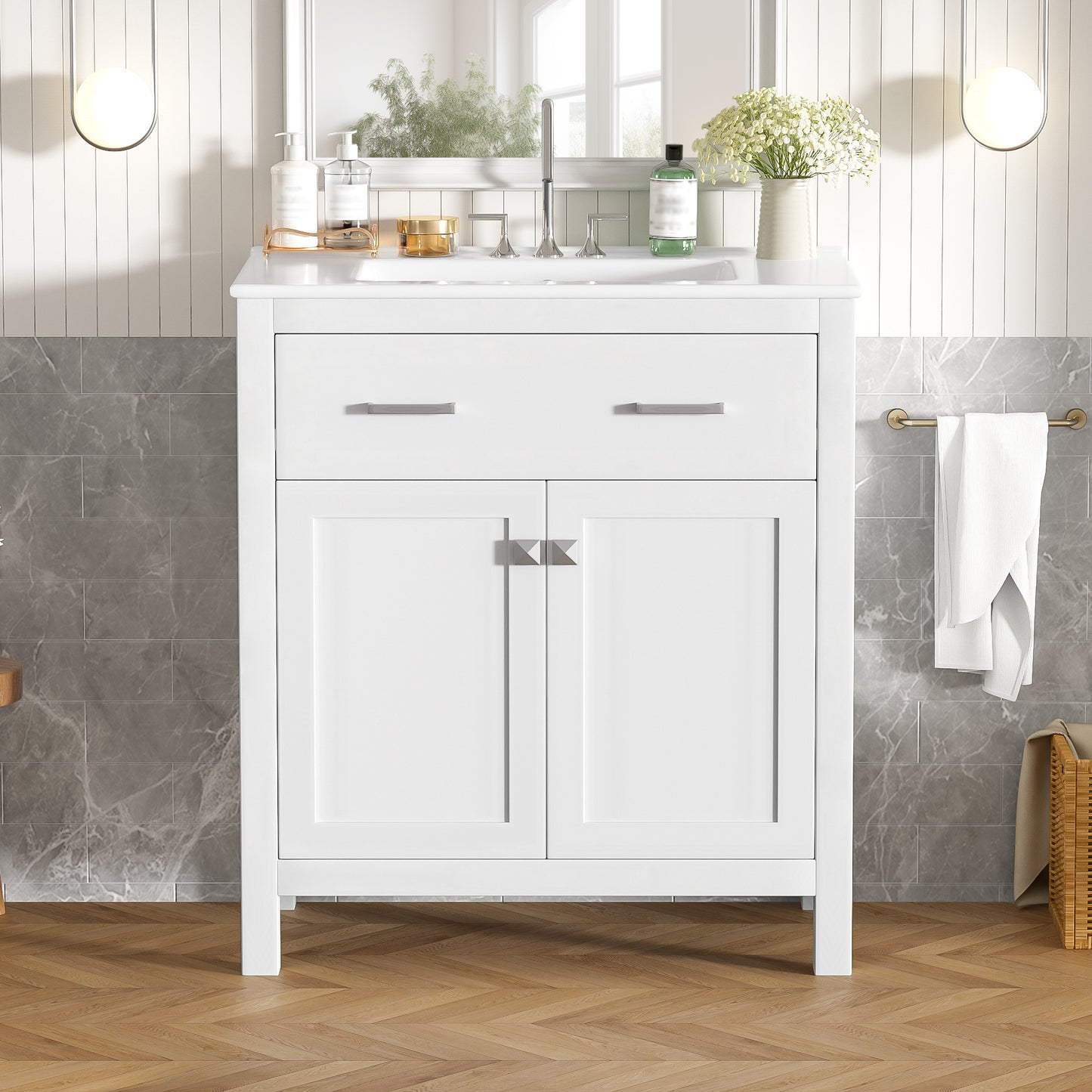 30-inch Bathroom Vanity With Ceramic Sink, Modern White Single Bathroom Cabinet With 2 Doors And A Shelf, Soft Close Doors