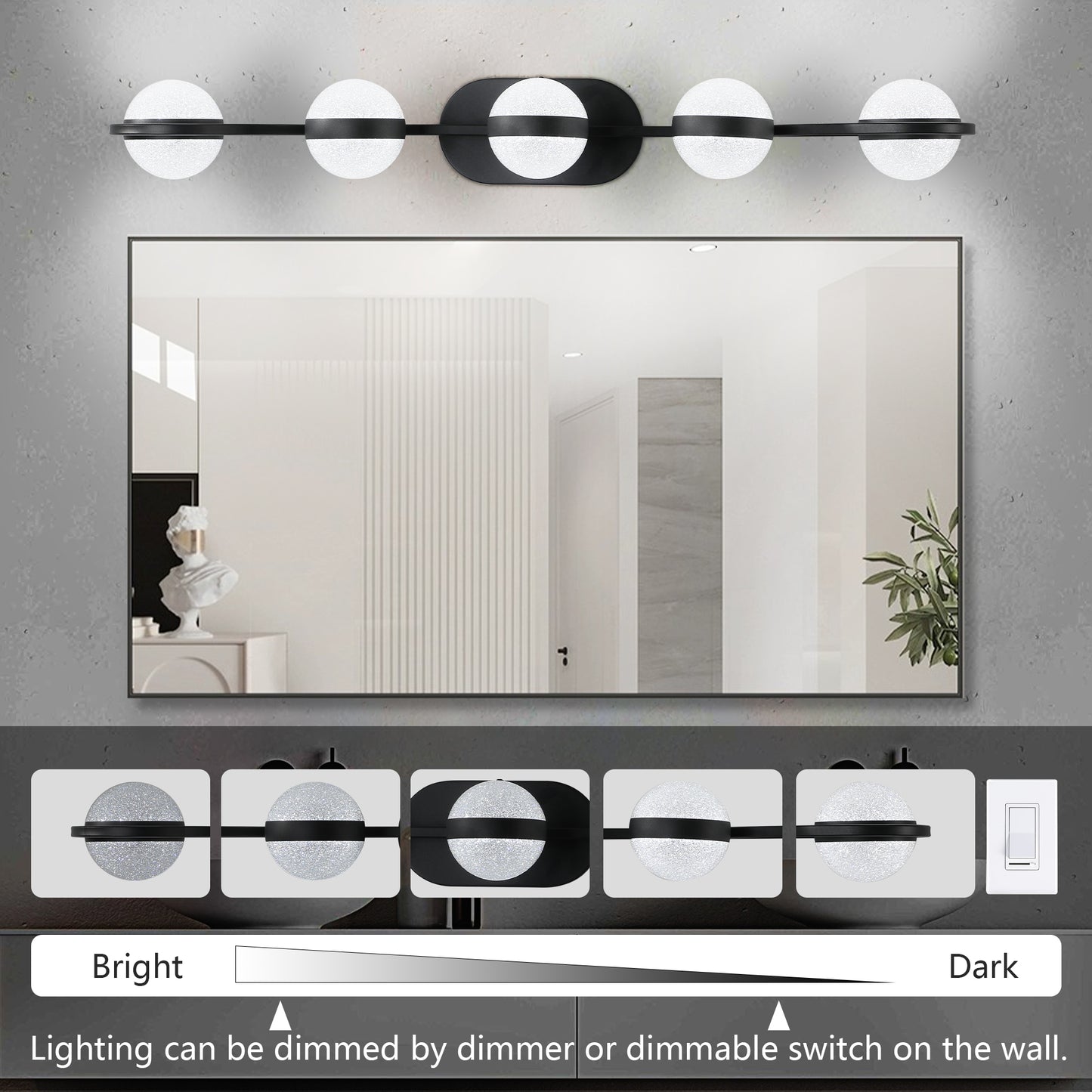 35  Modern Minimalist Bathroom Vanity Light, LED 5 Bulb Crystal Sand Acrylic Shades, Wall Mounted Decorative Lighting Fixture, Suitable For Bathroom Vanity Mirror Black