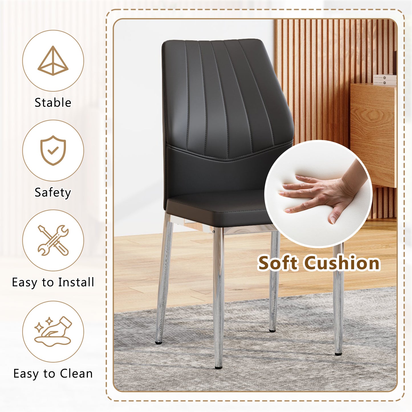 Set Of 4 Black - And - Silver Dining Chairs,37 Inches High Ergonomic PU Backrest, Combines Comfort And Style.Perfectly Blends Comfort And Elegance, Injecting More Comfort And Style Into Dining Time.