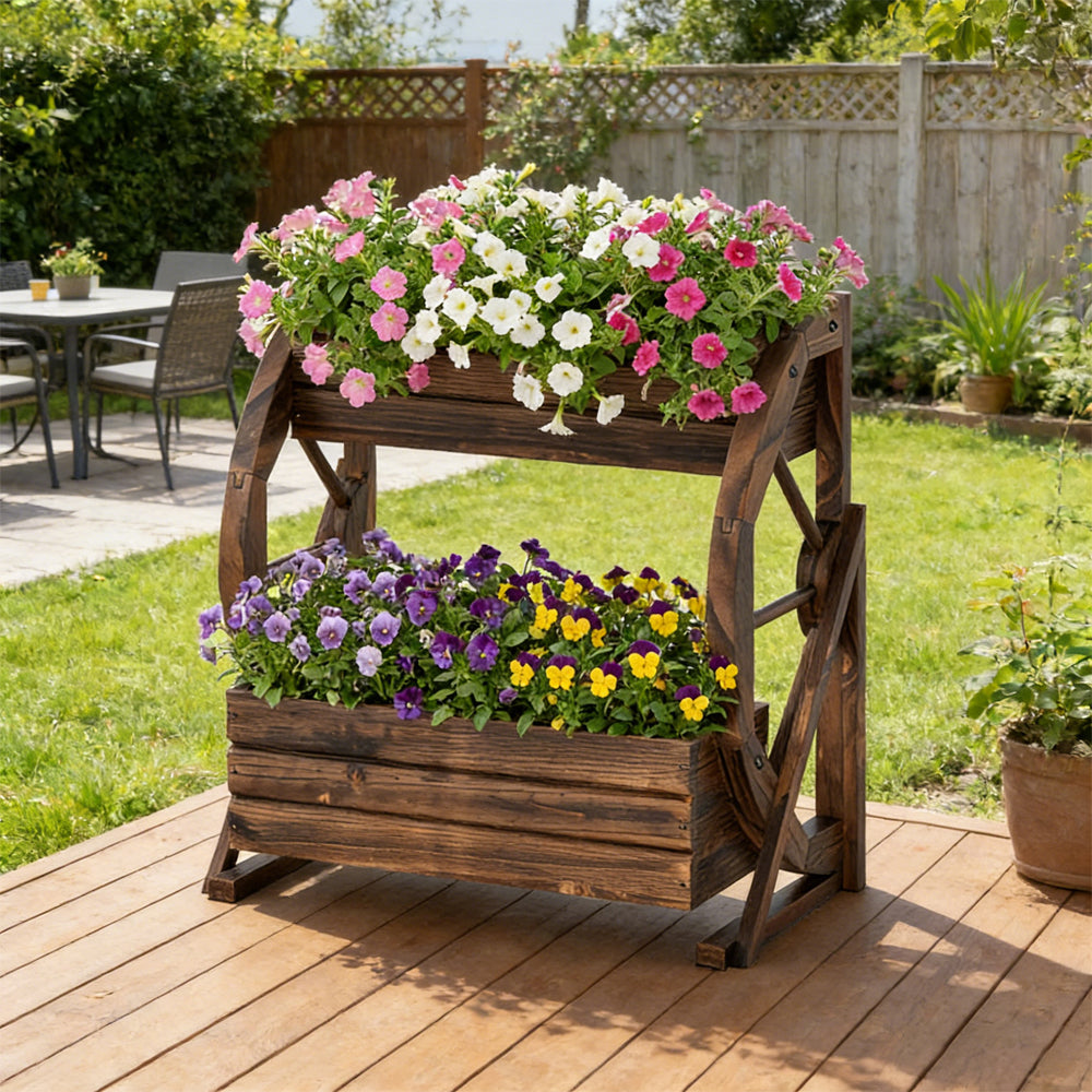 2-tier Raised Garden Bed Rustic Wood Wagon Planter With Drainage Holes And Semi-wheels For Growing Flowers Or Displaying Potted