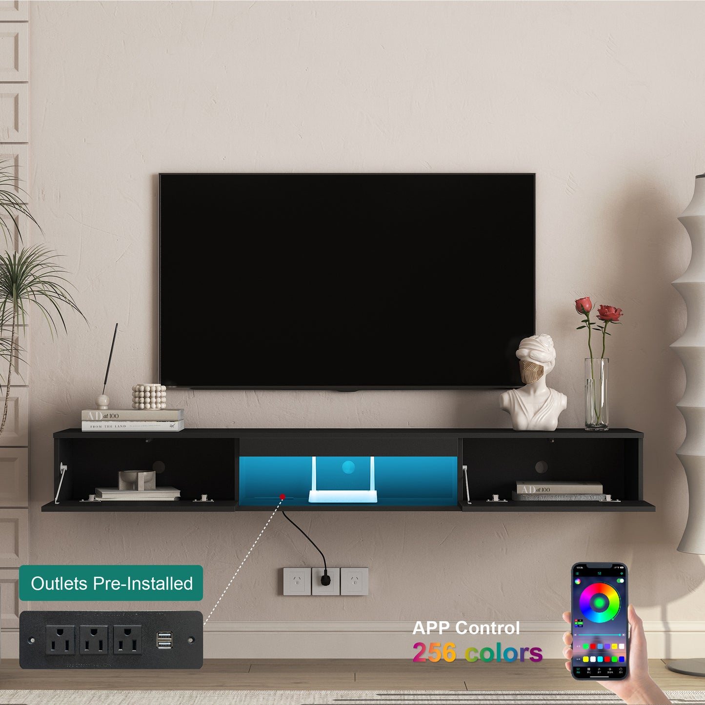 Floating TV Stand Wall Mounted With 16 Color LEDs,69  Modern TV Stand, Floating TV Cabinet Entertainment Center For 55 60 65 Inch TV,Black