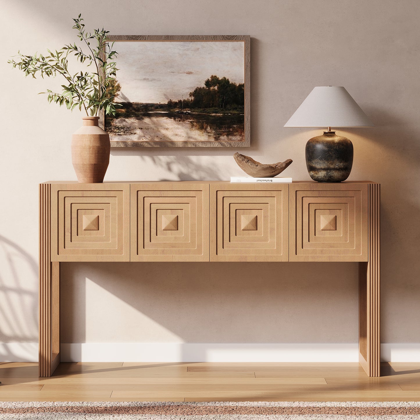 Video  Geometric Carved Console Table With 3 Soft-Close Drawers, Fluted Leg Details, Entryway Sofa Table For Living Room Hallway, Light Brown
