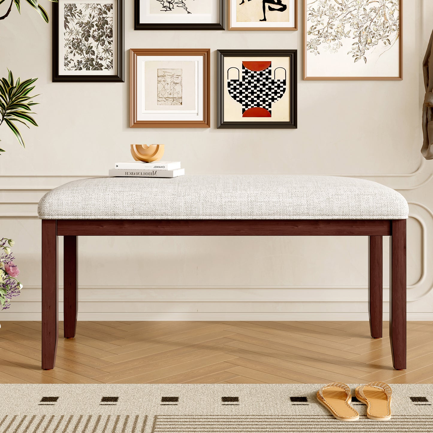 Upholstered Bench For Bedroom End Of Bed,38-inch Entryway Bench For Living Room,Dining Bench With Padded Seat And Solid Wood Leg For Kitchen Bedroom,Indoor And Hallway  Bench, Beige Cherry