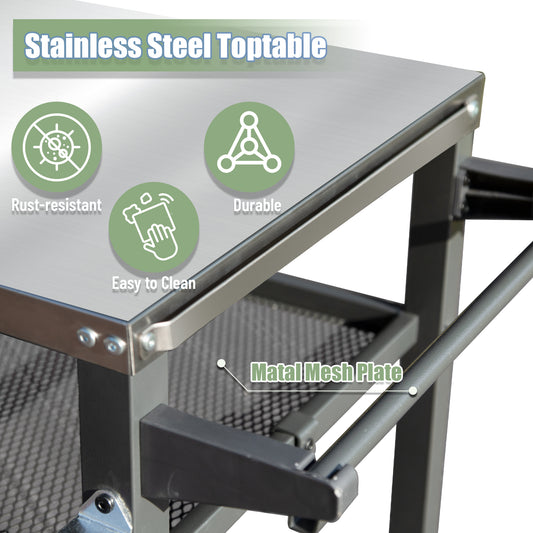 3-Shelf Outdoor Grill Table, Grill Cart With Wheels, Outdoor Pizza Oven And Food Prep Table, Blackstone Table With Stainless Steel Tabletop, Grill Stand For Blackstone Griddle For Outside BBQ